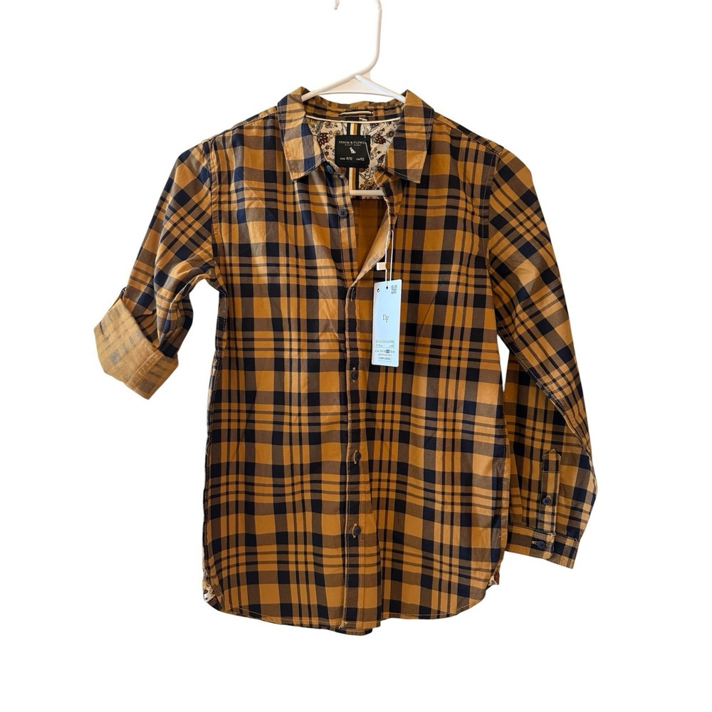Denim & Flower Boys Mustard Plaid‎ Button Down Roll Tab Sleeve Shirt NWT 11/12